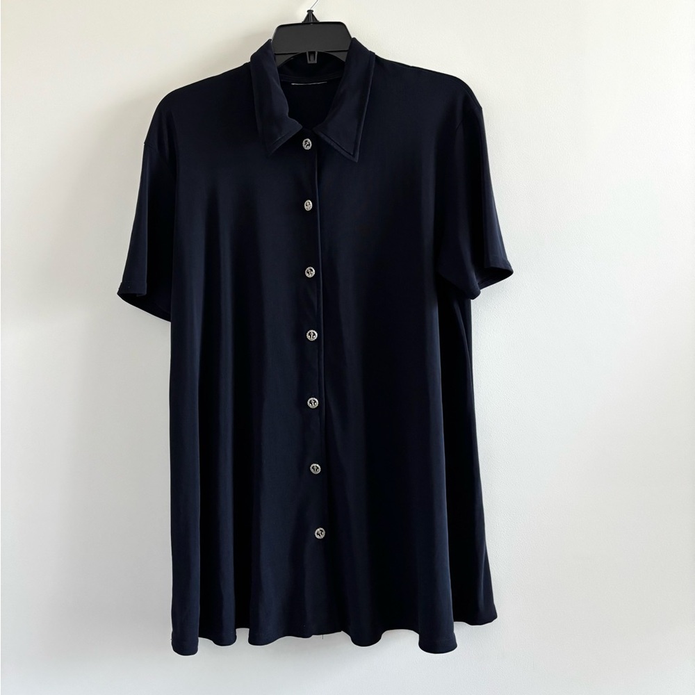 Womens Vintage Tunic Top Button Up Acetate Knit Dark Navy Medium Minimalist